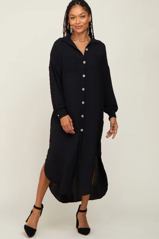 Bold and sophisticated looks for every woman   Black Button Down Front Pocket Midi Dress