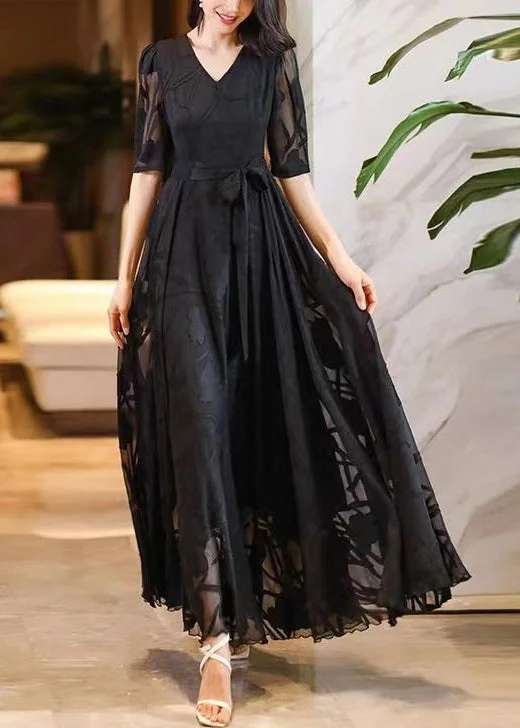 Stylish clothing designed to flatter every woman   Elegant Black V Neck Tie Waist Chiffon Maxi Dresses Summer