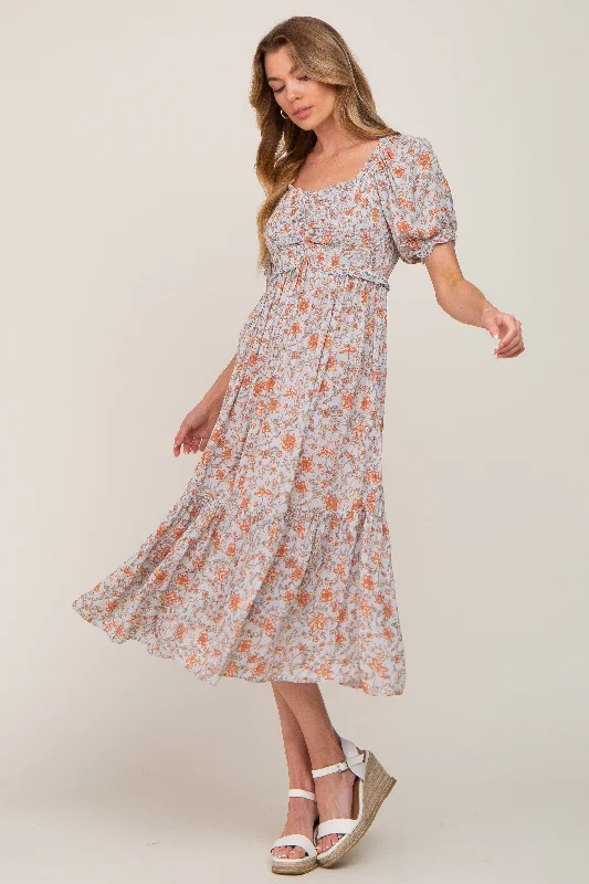 Women’s clothing that fits your personality and style   Light Blue Floral Smocked Sweetheart Neck Midi Dress