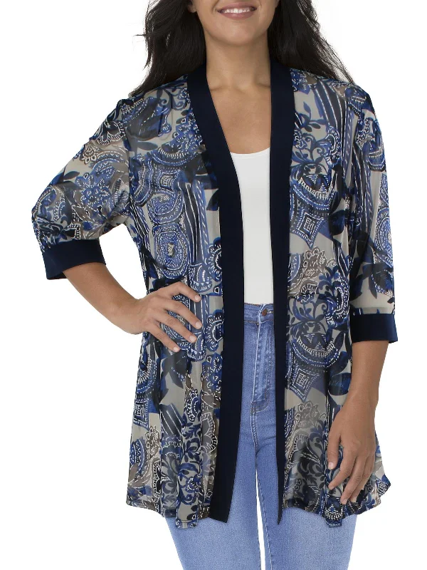 Elegant evening wear for special events   Plus Womens Mesh Printed Duster Blazer