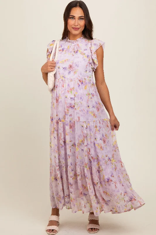 Feminine silhouettes for the modern woman   Lavender Floral Chiffon Ruffle Shoulder Tiered Maternity Maxi Dress
