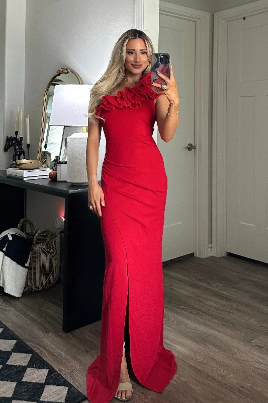 Latest fashion trends for modern women   Courtland Ruffle One Shoulder Maxi Dress: Red