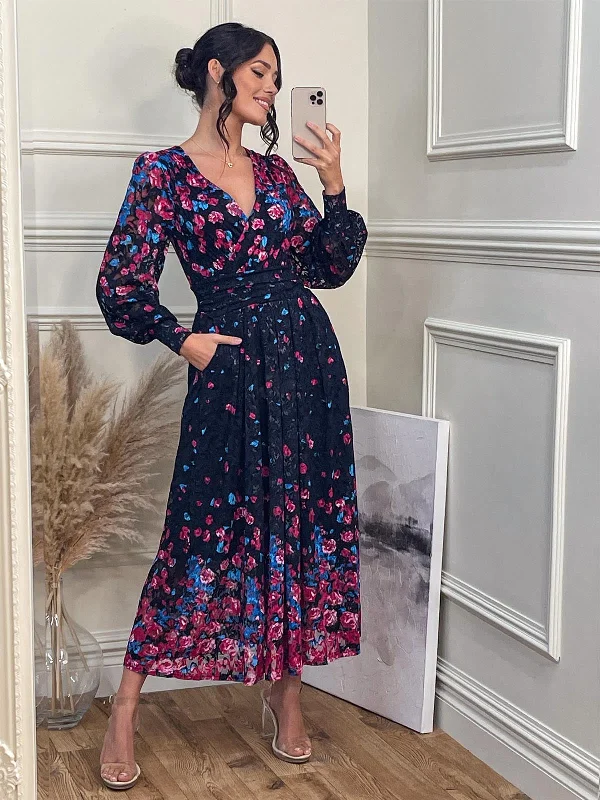 Bold and sophisticated looks for every woman   Lilah Symmetrical Print Lace Maxi Dress, Pink Multi