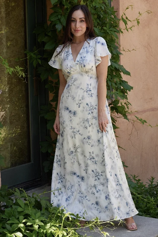 Latest fashion trends for modern women   Carmen Maxi Dress | Off White + Blue Floral
