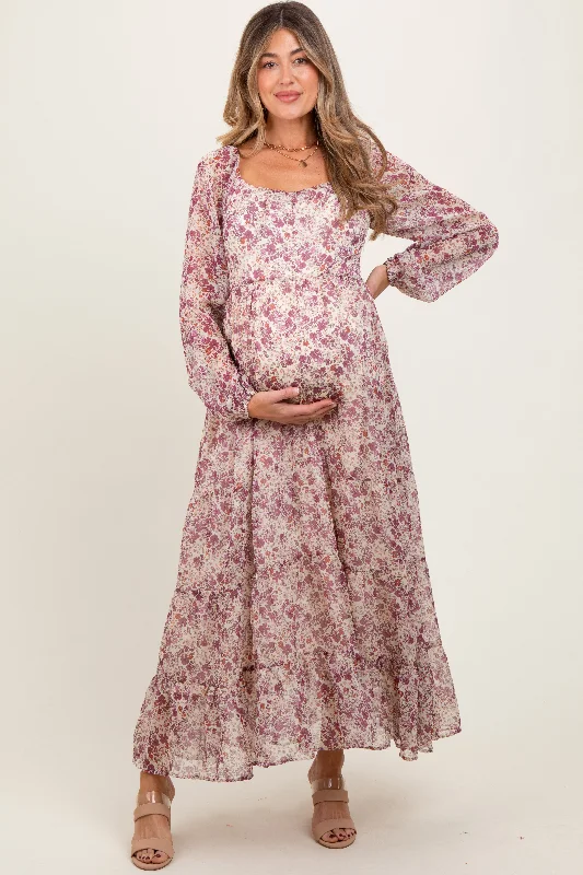 Versatile fashion options for every occasion   Mauve Floral Floral Chiffon Maternity Maxi Dress