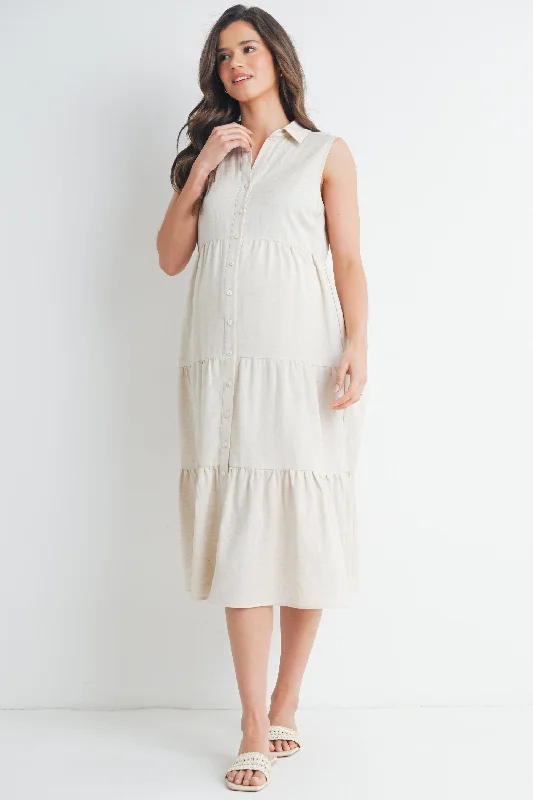 Statement pieces for the confident woman   Sleeveless  Button-Front Tiered Midi Maternity Dress