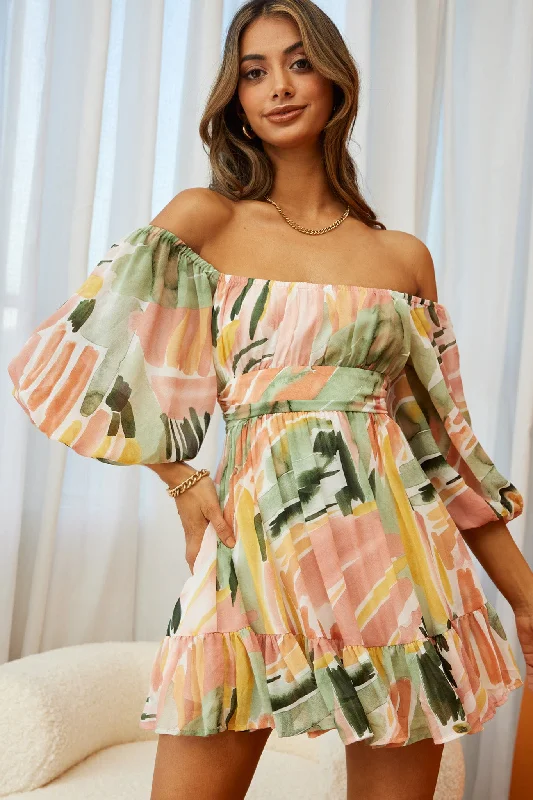 Abby Off-Shoulder Tie-Up Back Dress Watercolor Print Multi