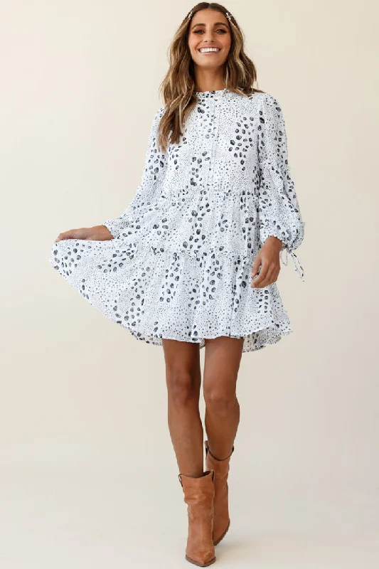 Beatrix High Neck Bell Sleeve Dress Droplet Print White