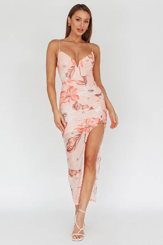 Trendy women’s clothing with a modern twist   Lake Como Fitted Bodice Side Split Dress Floral Pink