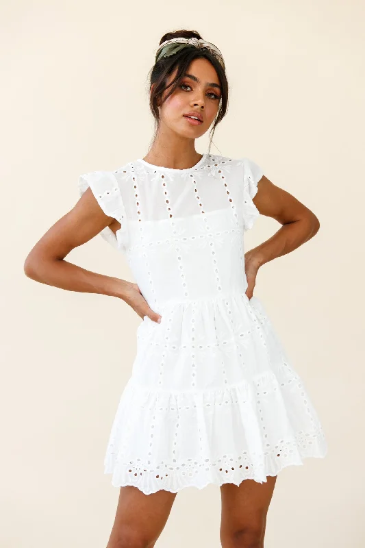 Louise Cap Sleeve Eyelet Embroidery Dress White