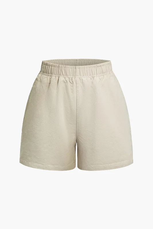 Basic  Solid Shirred Waistband Pocket Shorts