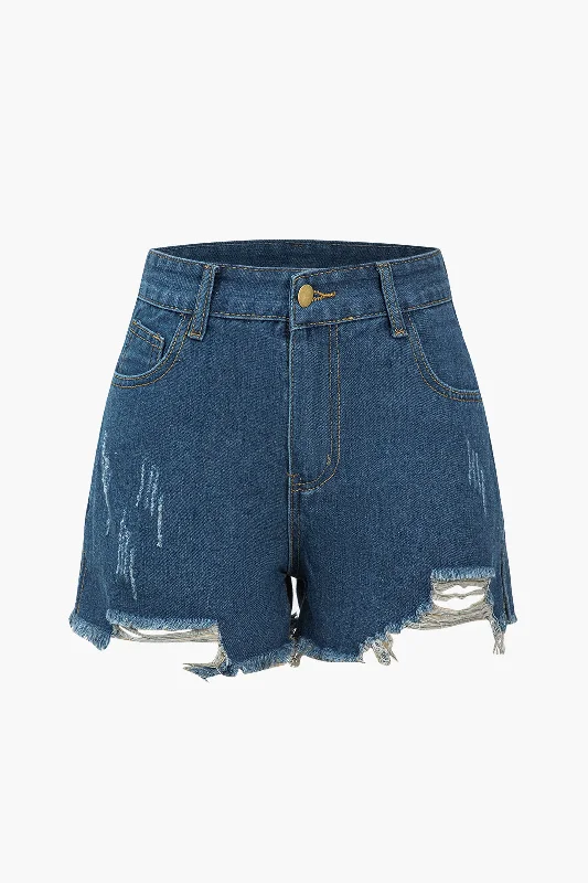 High Waist Fringe Pocket Ripped Denim Shorts