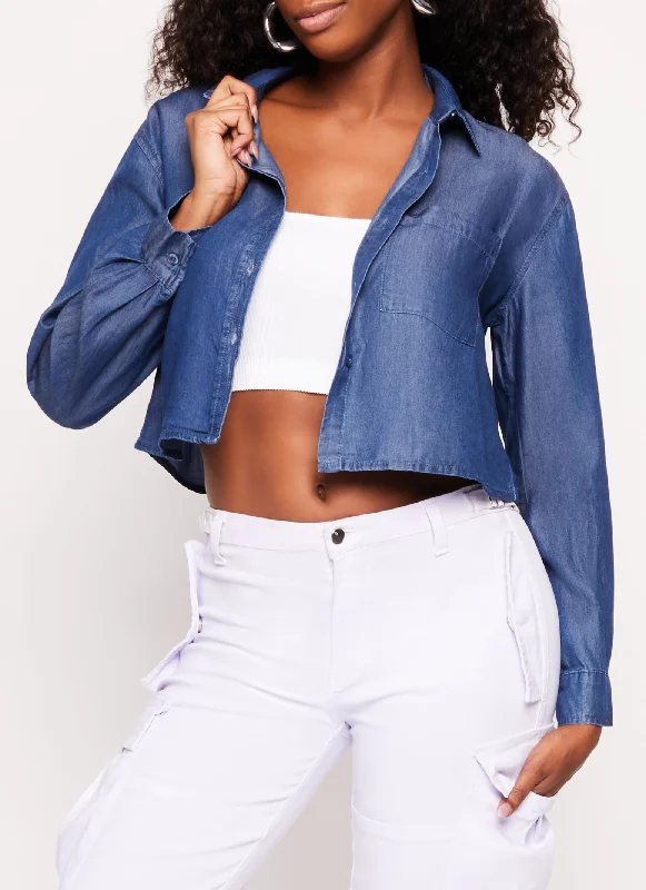 Chambray Button Front Cropped Shirt