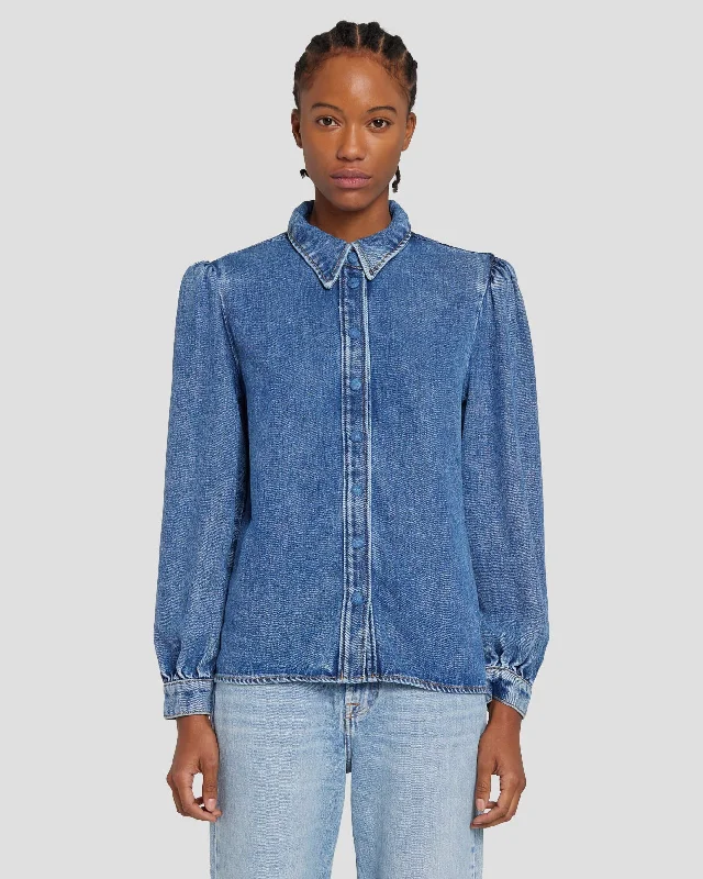 Denim Lustre Puff Sleeve Shirt in Daylily