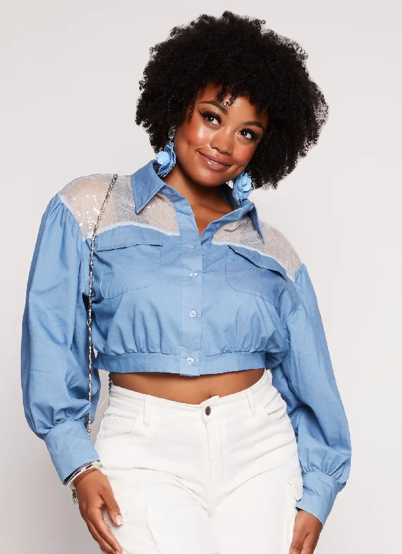 Plus Size Chambray Sequin Shoulder Cropped Shirt