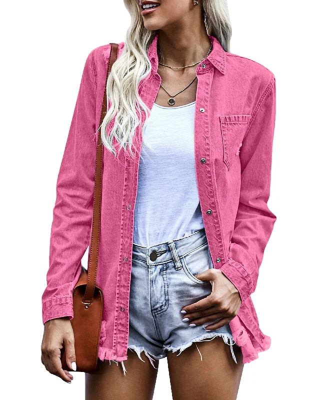 Womens Denim Jacket Western Button Up Shirts Distressed Ripped Jean Shacket Frayed Hem