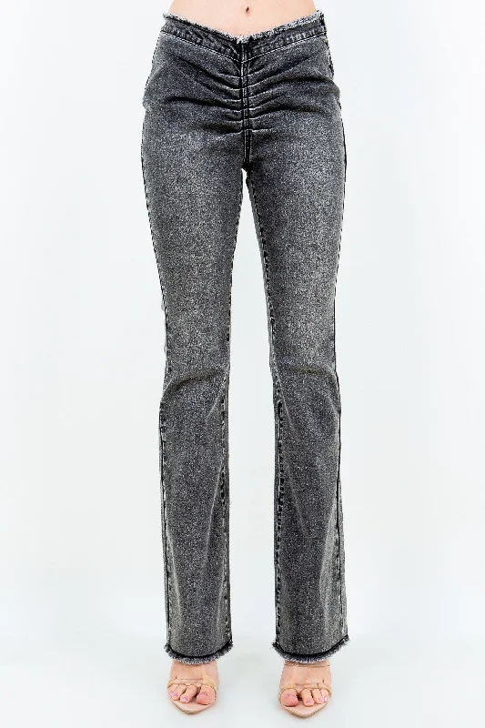 Fashion-forward styles that make a statement   Hot Girl American Bazi V-Cut Ruched Flared Raw Hem Jeans In Black