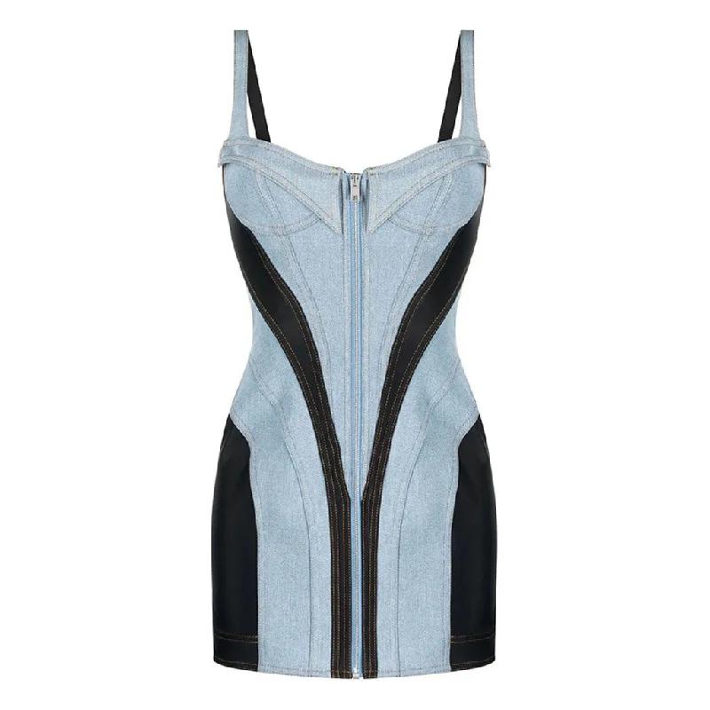 Contrast Blue & Black Bustier Front Zip Bodycon Hybrid Denim Mini Sundress