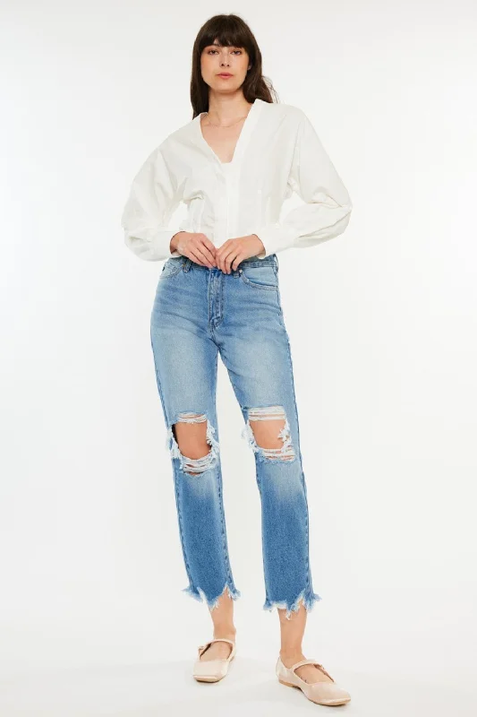 Classic pieces for a timeless wardrobe Hot Girl X Kancan Distressed Frayed Hem Cropped Jeans In Medium Wash Classic pieces for a timeless wardrobe Hot Girl X Kancan Distressed Frayed Hem Cropped Jeans In Medium Wash