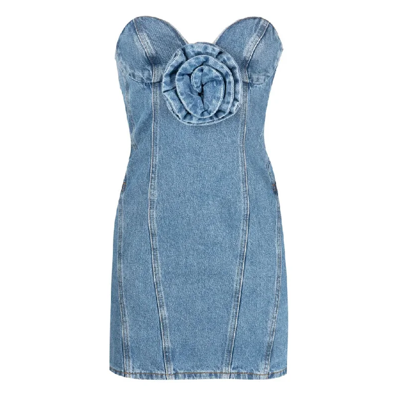 Modern 3D Floral Rosette Detail Sweetheart Neck Strapless Denim Dress