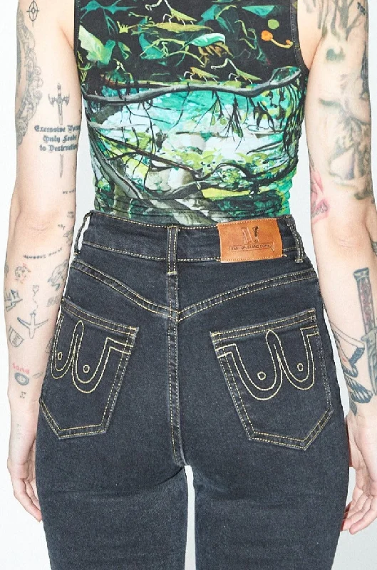 Stylish and comfortable outfits for women   Nap jeans Black Denim with yellow thread