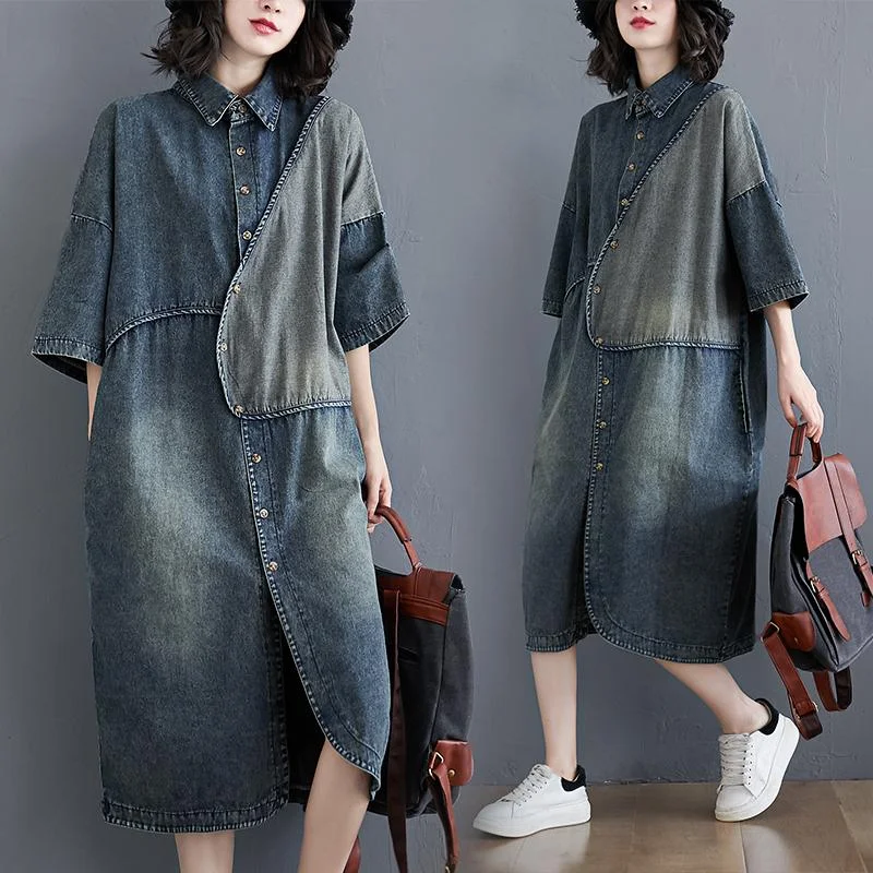 Plus Size Retro Short-sleeve Loose Denim Shirt Dress