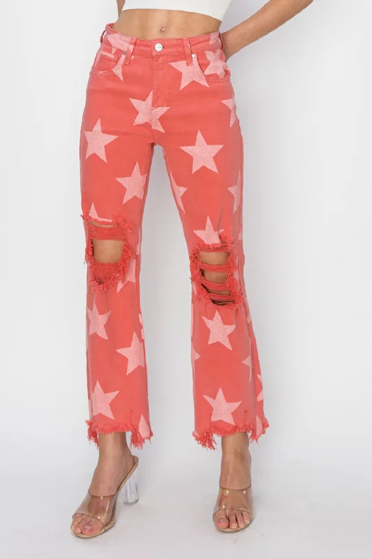Affordable stylish women’s fashion collection Hot Girl Distressed Raw Hem Star Pattern Jeans In Red Affordable stylish women’s fashion collection Hot Girl Distressed Raw Hem Star Pattern Jeans In Red