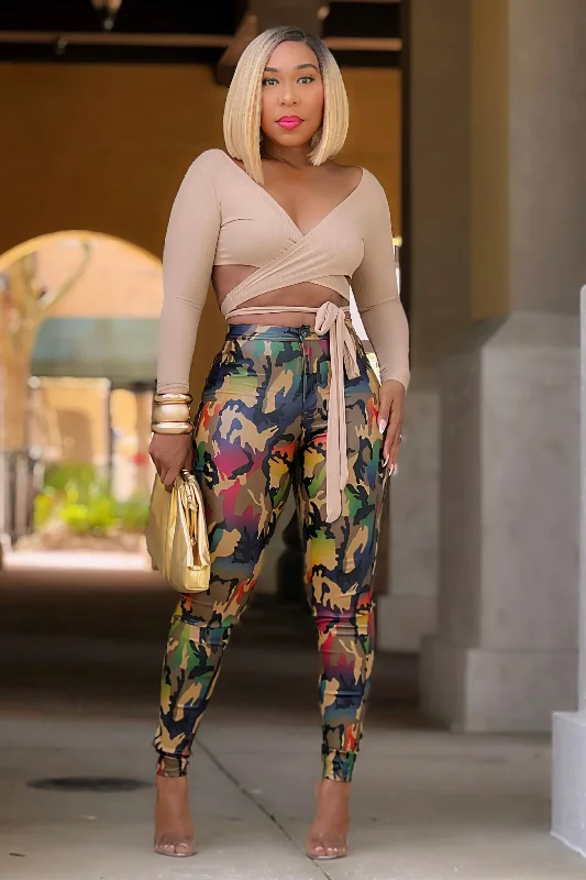Get noticed with eye-catching women’s fashion   Sade Lux Coated Camo Skinny Jeans