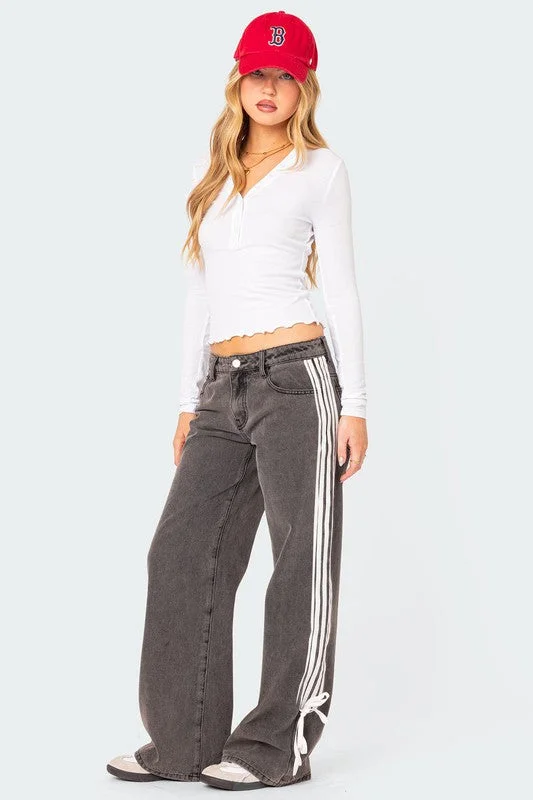 Clothing that’s as bold as you are Hot Girl Mid Rise Track Striped Wide Leg Jeans In Washed Black Clothing that’s as bold as you are Hot Girl Mid Rise Track Striped Wide Leg Jeans In Washed Black