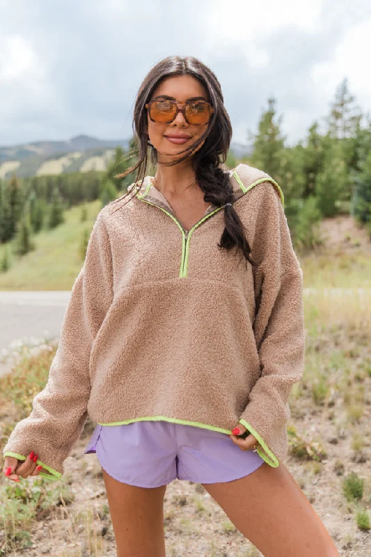 Trendy women’s clothing    My Go To Taupe and Lime Sherpa Quarter Zip Hooded Pullover