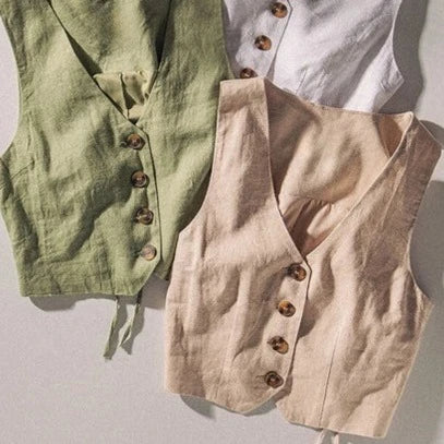 Stylish and comfortable outfits for women   Women's Linen Button Down Vest in (Khaki or Light Olive)