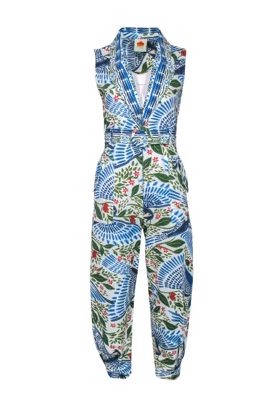 Farm - White & Blue Bird & Leaf Print Tapered Leg Jumpsuit Sz XS