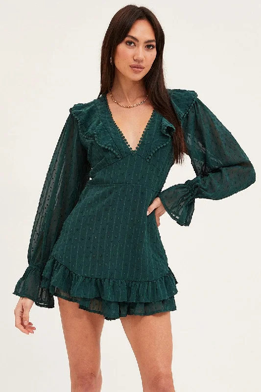 Green Playsuit Long Sleeve V Neck