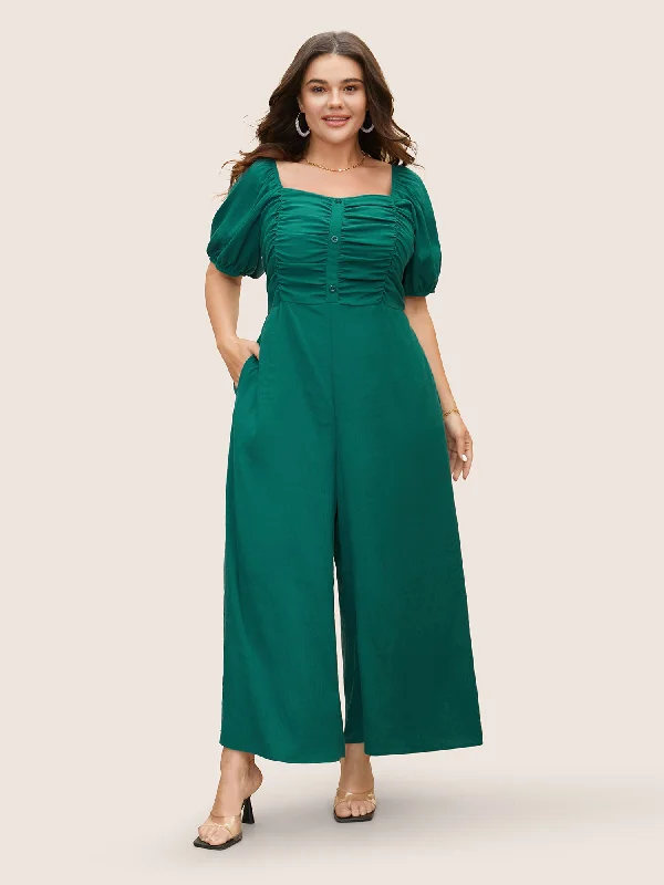 Heart Neckline Lantern Sleeve Ruched Jumpsuit