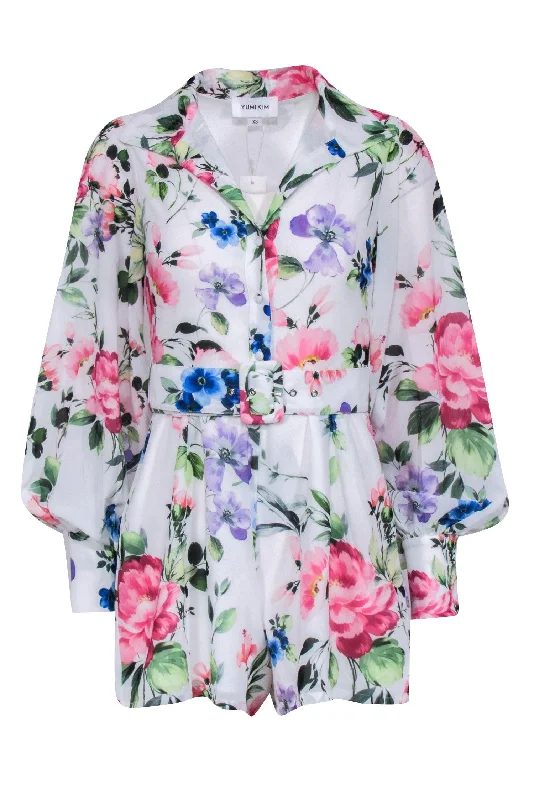 Yumi Kim - White w/ Multi Color Floral Print Long Sleeve Romper Sz XS