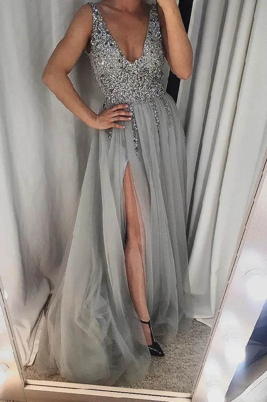 Effortlessly stylish outfits for the modern woman   Beaded V Neck Grey Long Formal prom Dress with Slit   cg14273