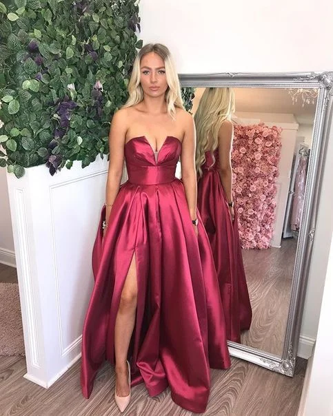 Step up your style with trendy women’s clothing   classy prom dresses long simple Burgundy V Neck Formal Dress with Slit   cg14270