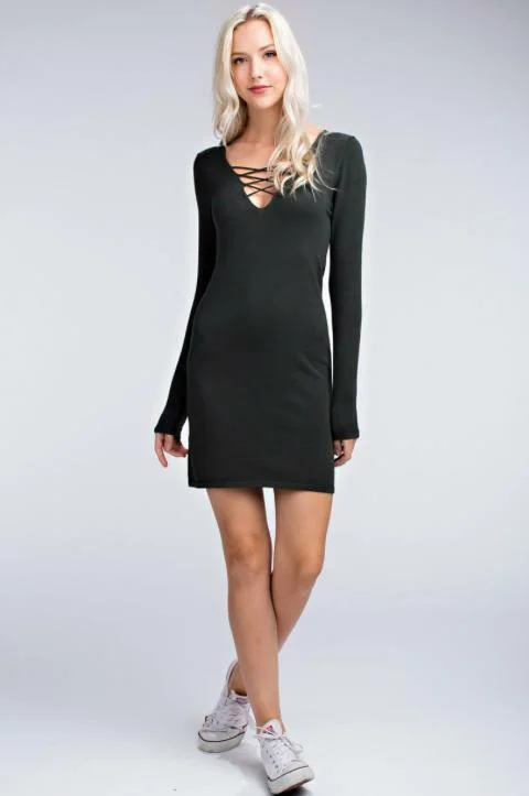 Here and Now Olive Long Sleeve Bodycon Sweater Dress