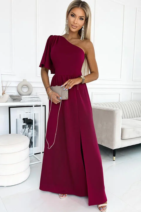 Refresh your wardrobe with trendy women’s apparel   One shoulder Flutter sleeves Slit Dress