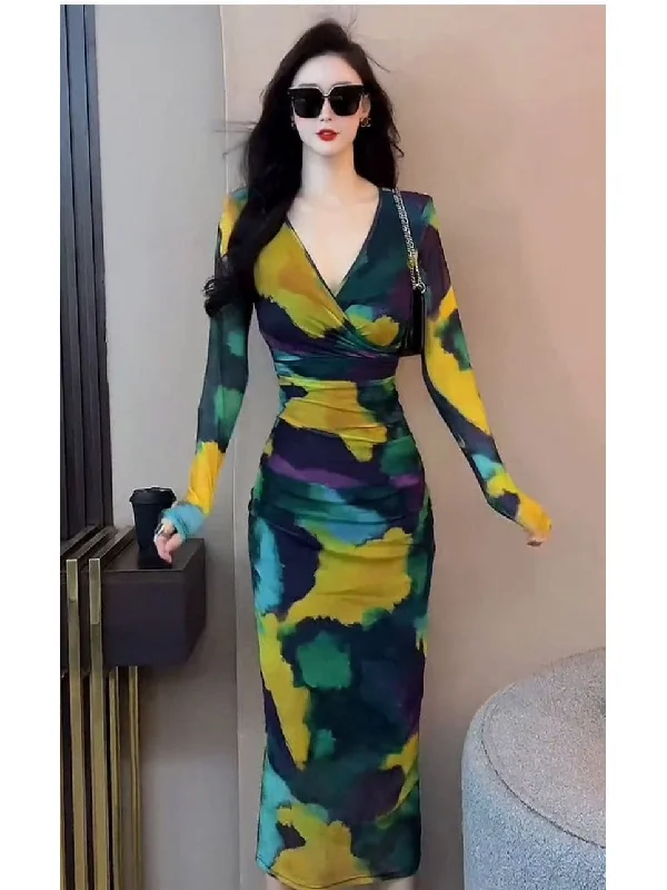 Trendy women’s clothing    Ruched V Neck Full Sleeves Mesh Dress