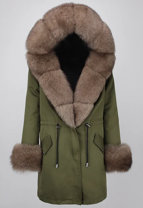 LAVELE Green Parka with Brown Fox Fur