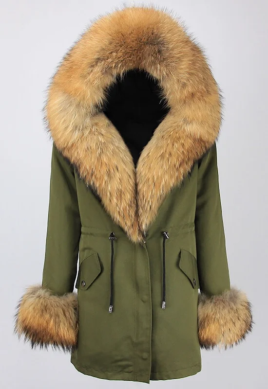 LAVELE Green Parka with Raccoon Fur