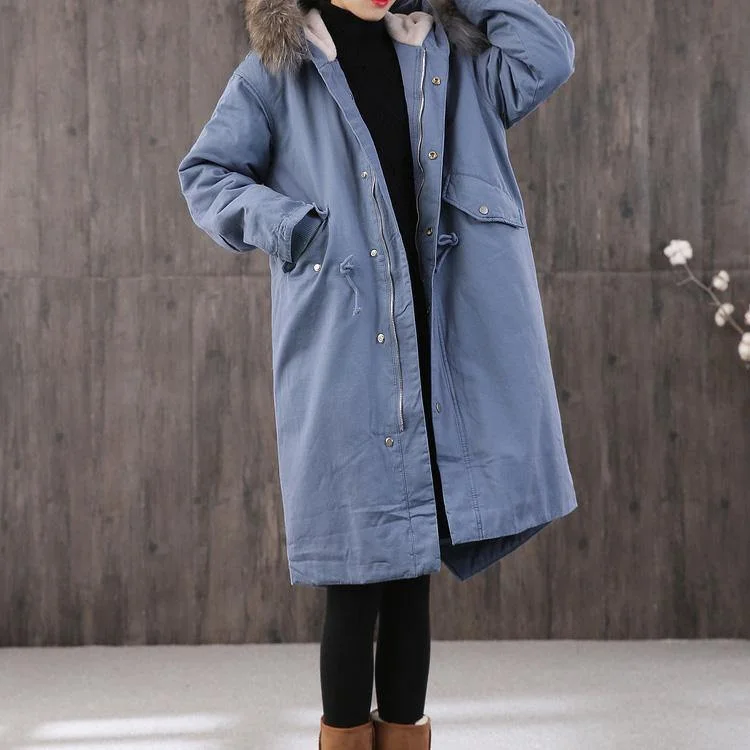 New blue women parka trendy plus size Coats faux fur collar pockets