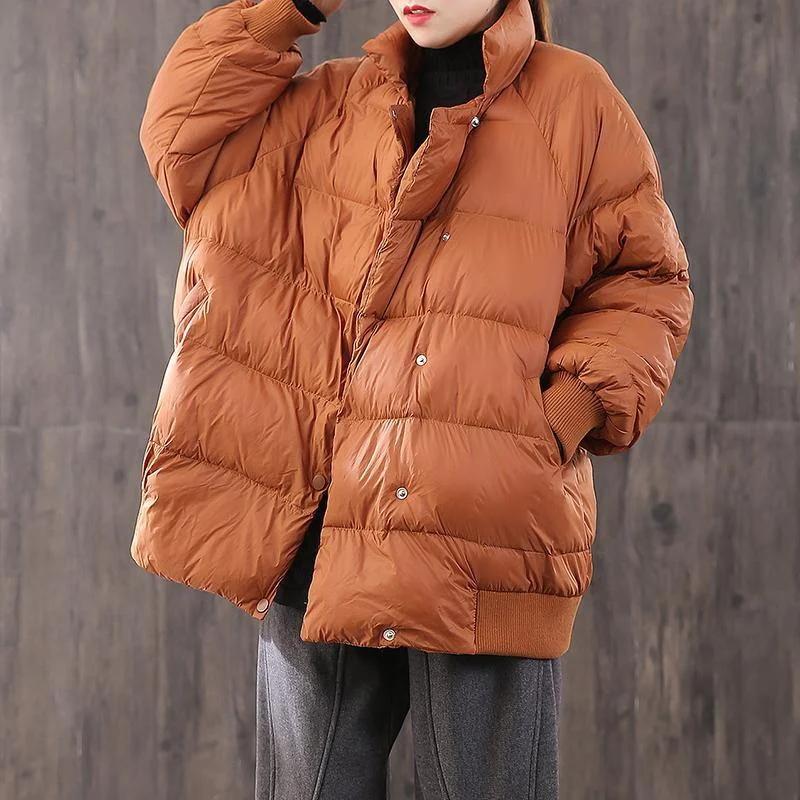 New orange thick warm winter coat oversize dark buckle down jacket stand collar women winter outwear