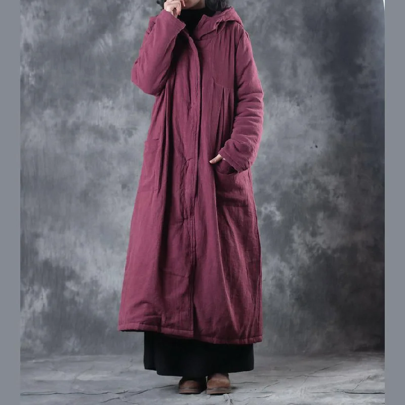 Warm red down coat long parkas plus size hooded down overcoat Casual pockets baggy cotton outwear