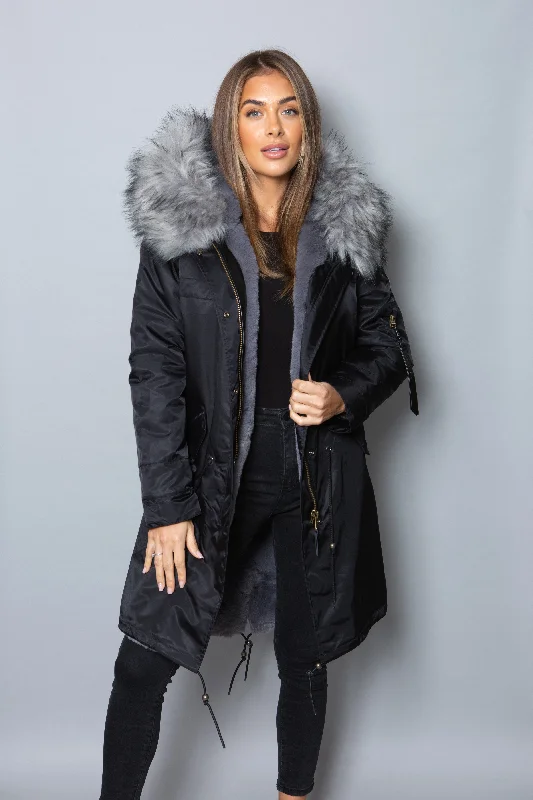 Womens Real Look Faux Fur Collar Parka Jacket with Grey Faux Fur Lining 3/4