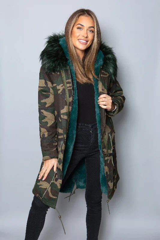 Womens Real Look Faux Fur Collar Parka Jacket with Green Faux Fur Lining 3/4