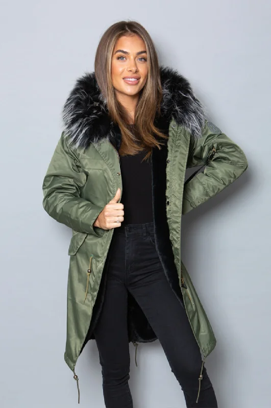 Womens Real Look Faux Fur Collar Parka Jacket with Black Faux Fur Lining 3/4